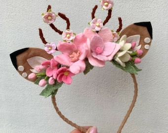 Fawn Ears Flower Crown Headband with Pink Flowers Deer Antler Floral Crown Woodland Party Crown Forest Birthday Headpiece Wild Animal