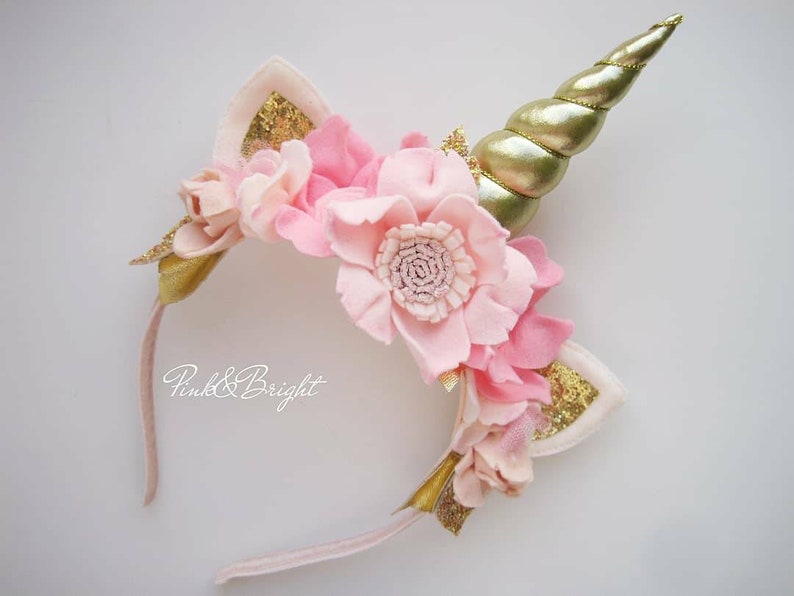 Fancy Gold and Light Pink Unicorn Tiara Headband with Gold Glittered Ears Unicorn Party Headband Kids Girls Gifts for Kids Girls Dress up image 6