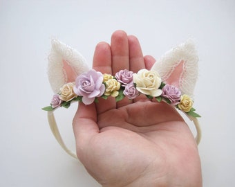 Lace Kitty Ear Flower Headband Lavender Yellow First Birthday Kitten Ear Floral Crown Baby Cat Headband Photo Prop Meow Party Kitten Outfit