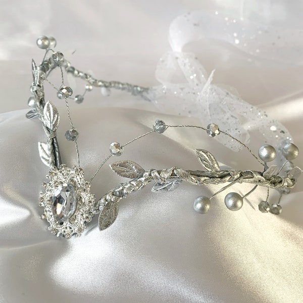 Silver Elf Crown Bridal Headpiece Woodland Elven Tiara Headband Boho Wedding Bridal Crown Elven Circlet Renaissance Fairy Tiara for Women
