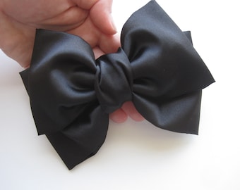 Large Black Satin Hair Bow on French Barrette
