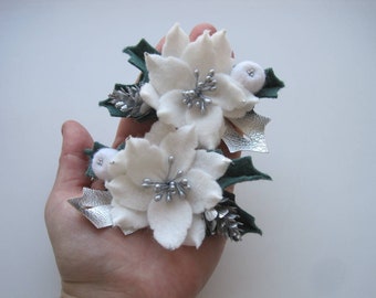 White Poinsettia Pigtails Poinsetta Hair Bow Felt Poinsetta Brooch Christmas Felt Headband Hair Clip Poinsettia Hair Clip Pigtail Bow Girl