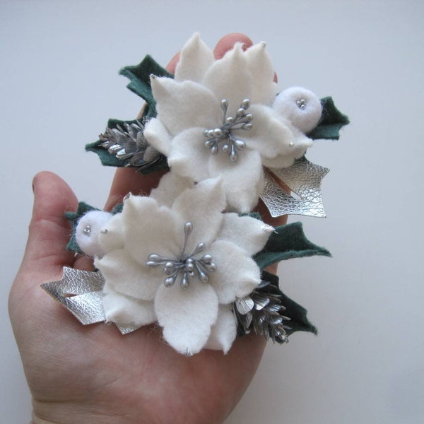 White Poinsettia Pigtails Poinsetta Hair Bow Felt Poinsetta Brooch Christmas Felt Headband Hair Clip Poinsettia Hair Clip Pigtail Bow Girl