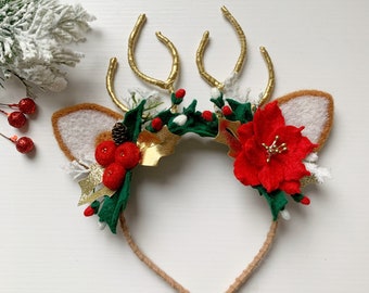Christmas Reindeer Headband with Gold Antler Felt Fawn Ear Flower Crown