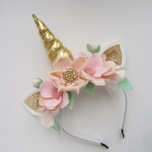 Blush Pink Unicorn Headband Toddler Adult Unicorn Birthday Crown with Tulle Blush Pink and Gold Unicorn Tiara Gifts for Kids Girls Dress up