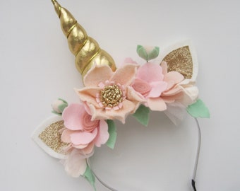 Blush Pink Unicorn Headband with Gold Horn and Felt Flowers