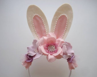 Pastel Lavender Bunny Ears Headband Easter Headpiece Bunny Theme Party Hat Pink Floral Bunny Ears Animal Ears Headband Spring Flower Crown