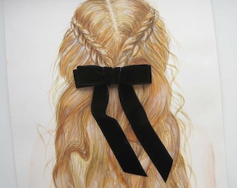 Black Velvet Hair Bow, Long Ribbon, Baby to Adult