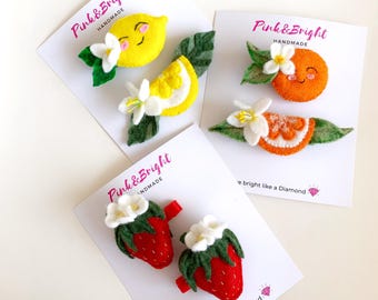 Felt Fruit Hair Clip Set: Strawberry, Lemon, Orange Bows