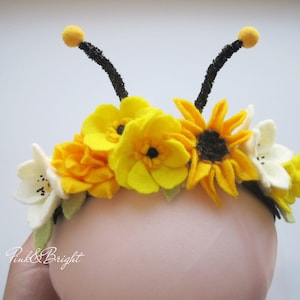 Bumble Bee Headband Bug Antennae Felted Bee Headband Bumble Bee Theme Headband First Birthday Bee Headband Yellow Flowers Headband