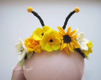 Bumble Bee Headband Bug Antennae Felted Bee Headband Bumble Bee Theme Headband First Birthday Bee Headband Yellow Flowers Headband