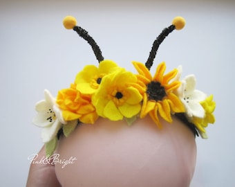 Bumble Bee Headband: Handmade Felt Flower Antennae, Newborn & Up