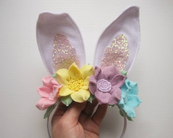 Pastel Rainbow Bunny Ear Headband Toddler Girl Adult Easter Bunny Headband Bunny Ears Flower Crown Easter Head Piece Bunny Birthday Crown