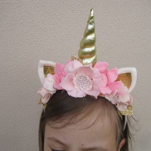 Fancy Gold and Light Pink Unicorn Tiara Headband with Gold Glittered Ears Unicorn Party Headband Kids Girls Gifts for Kids Girls Dress up image 5