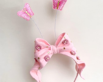 Pink Gold Butterfly Bow Headband with Antennae Cottage core Headdress Garden Birthday Headpiece