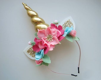 Hot Pink Blue Gold Unicorn Headband Gold Horn Unicorn Headpiece Unicorn Party Hat Adult Toddler Unicorn Outfit Unicorn Theme First Birthday