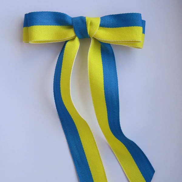 Blue Yellow Long Tail Hair Bow Barrette Ukrainian Flag Hair Accessories Stand with Ukraine Pray For Ukraine Items Grosgrain Ribbon Bow Girl