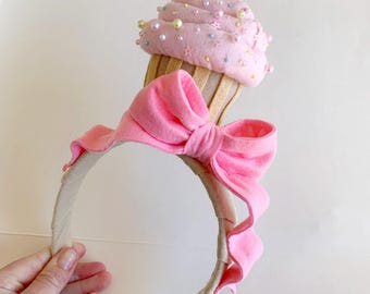 Felt Large Cupcake Headband: Beaded Vanilla Cupcake Fascinator with Pink Bow