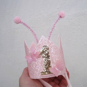 First Birthday Butterfly Crown with Antennas Pink Butterfly Headband Butterfly Garden Birthday Party Hat Fairy Butterfly Birthday Theme