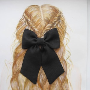 Black Hair Bow Adult Black Linen Hair Bow Clip Sailor Bow Long Tail Hair Bow Barrette Linen Bow Tie Hair Bow for Women Girl Toddler School