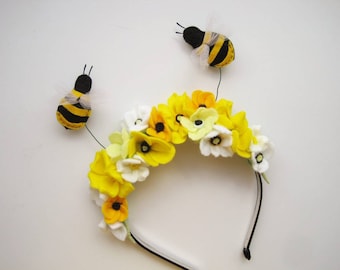 Bumble Bee Bandeau Reine des abeilles Bandeau Costume Abeille Floral Bandeau Premier anniversaire Abeille Bandeau Fleurs jaunes Bandeau Jour de l'abeille Couronne d'abeille