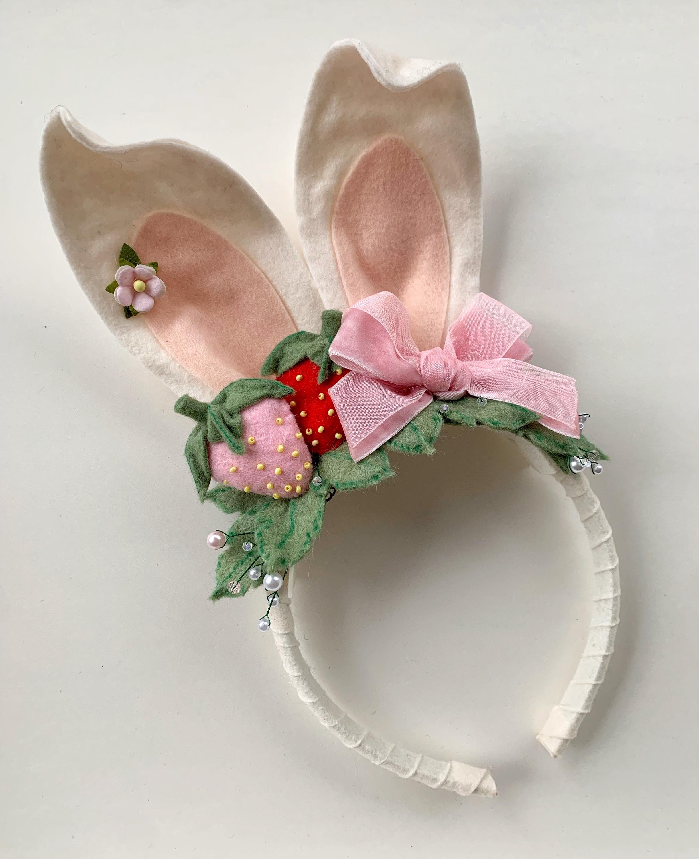 Cute Coquette Bunny Ear Headband with Bow and Strawberry Easter Bunny Headband Girl Toddler Bunny Birthday Party Costume Bunny Ears Crown