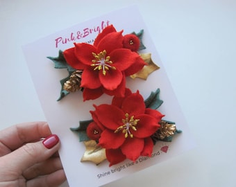 Red Felt Poinsettia Hair Clip Pin Headband- Christmas Flower Brooch, Pigtail Bow