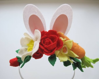 Floral Easter Bunny Ears Headband: Handmade Felt, Newborn Size