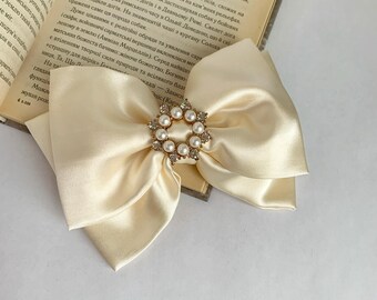 Luxury Ivory Beige Satin Hair Bow Barrette Wedding Accessories