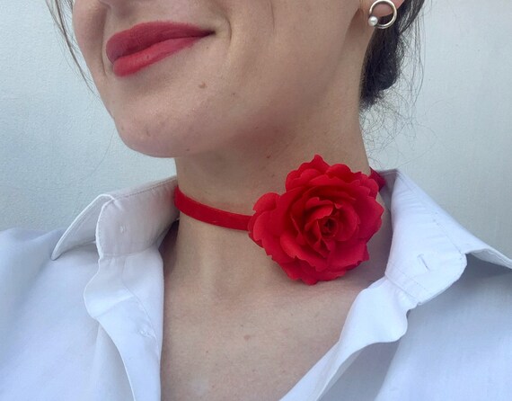 Red Flower Choker Necklace to Tie Back Red Velvet Ribbon Necklace Red Neck Flower to Tie Gift for Women Gift Gor Her Etsy