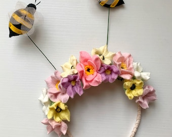 Pastel Bee Flower Crown, Handmade Felt Birthday Party Headband