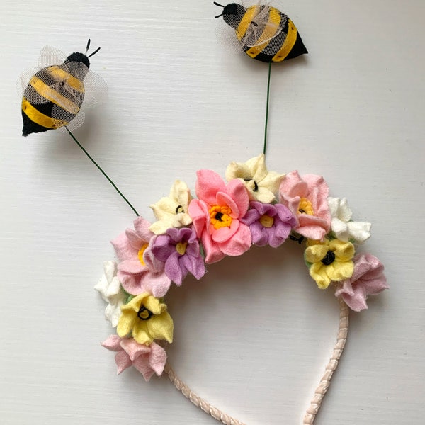 Pastel Bee Flower Crown with Hand sewn bees Sweet as can Bee Party Hat Honey Bee Birthday Outfit Bumble bee Birthday Crown Bees Headband