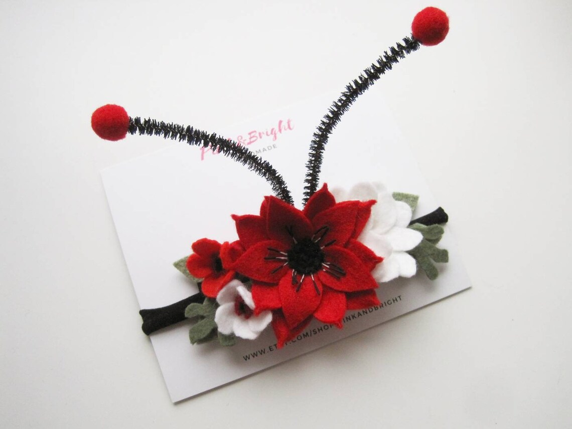 Ladybug Headband with Antennas Red Flower Ladybug Birthday Etsy