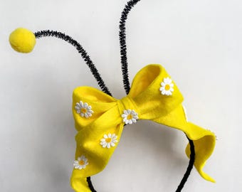 Bee Antennas Headband with Daisy Flowers Large Yellow Bow Headpiece Bumblebee Headdress
