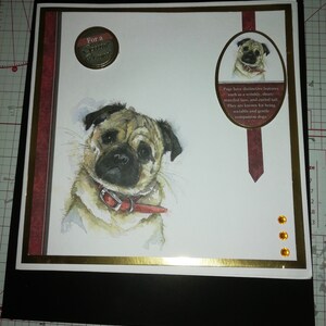 Una hermosa tarjeta hecha a mano de colores ricos de 8x8 con un pug. Con información sobre la raza y el sentimiento Para un amigo especial.
