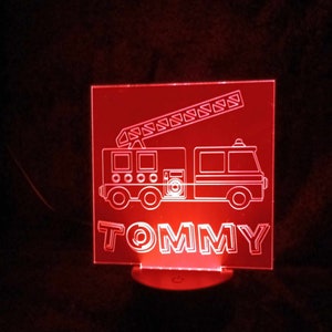 Personalised Fire Engine LED acrylic nighlight.  Comes with remote to control the colours you want, including strobe, flashing, fade.