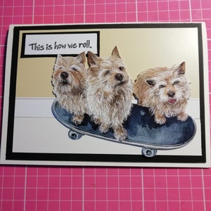 Una hermosa tarjeta hecha a mano de 5x7 con 3 terriers de mojón en una patineta con el sentimiento Así es como rodamos