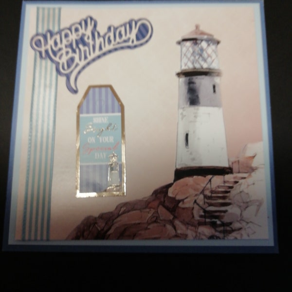 Beautiful handmade 6x6 birthday card featuring a lighthouse