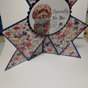 A unique star shaped card Especially for you with hugs too. Featuring a labradoodle. Can be personalised with a breed of your choice.