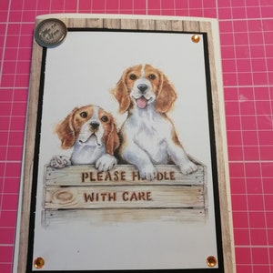 Tarjeta hecha a mano de 7x5 con dos preciosos beagles en una caja. Hermosa obra de arte ideal para cumpleaños, día de la madre, tarjeta del día del padre.