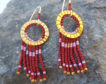 Hand Beaded Red and Gold Fringe Earrings 'Summer'