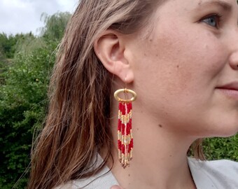 Hand Beaded Red and Gold Fringe Earrings 'Laura'