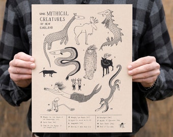 Some Mythical Creatures of New England | Screen-printed Poster | 11"x14" | Vermont-made | Fundraising for Cause
