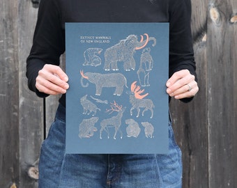 Extinct Mammals of New England | Screen-printed Poster | 11"x14" | Vermont-made | Fundraising for Cause