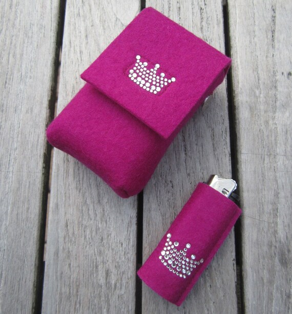 Zigbaxx Set Cigarette Case Lighter Case LCROWN Cigarette Case for 20  Cigarettes/big Box XL, Wool Felt - Grey Black Pink Beige Brown Red
