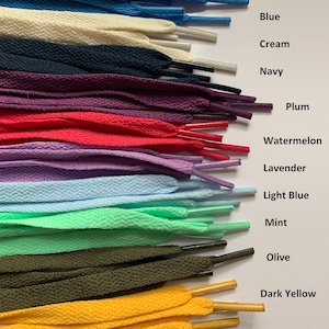 May include: A variety of shoelace colors, including blue, cream, navy, plum, watermelon, lavender, light blue, mint, olive, and dark yellow.