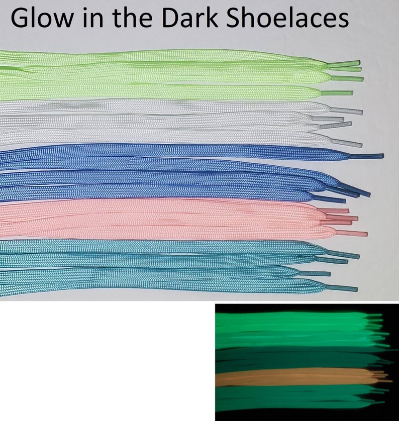 May include: A set of glow-in-the-dark shoelaces in various colors, including green, white, blue, pink, and teal. The shoelaces are laid out in rows, with the glow-in-the-dark effect visible in a separate image.