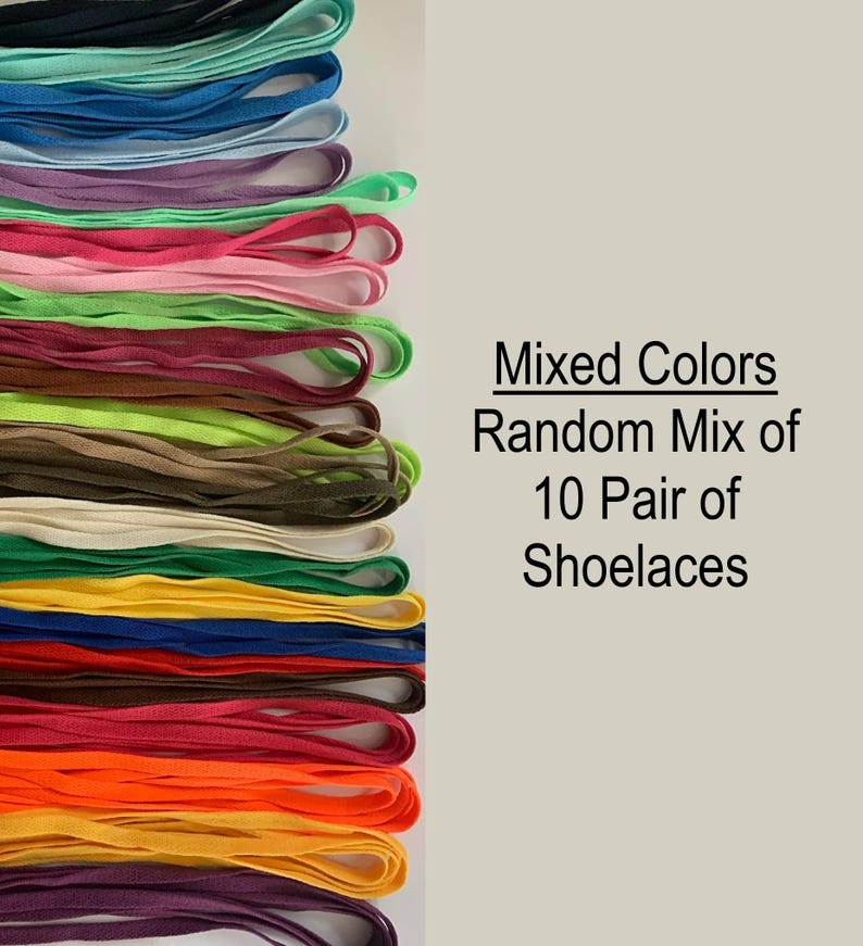 BULK 10 Pair of Flat Sneaker Shoelaces 27 36 45 54 63 72 Inch Length; solid, glitter, glow shoe lace strings 10 Pair-Mixed Colors