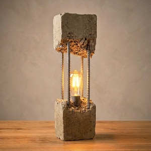 Op de afbeelding: Een unieke betonnen tafellamp met een warme, gloeiende gloeilamp. De lamp heeft een rechthoekige betonnen basis en bovenkant, verbonden door verticale metalen staven. De zichtbare gloeilamp voegt een industriële en moderne esthetiek toe.