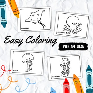 May include: Black and white colouring pages featuring a stingray, octopus, squid, and seahorse. The pages are labelled with the name of each animal. The text "Easy Coloring" and "PDF A4 Size" is also included.